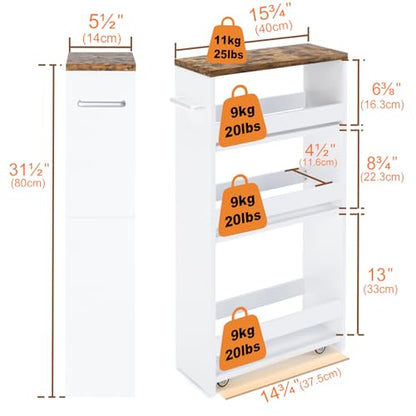 TEAMIX Slim Rolling Storage Cart, Wood 4-Tier Narrow Kitchen/Laundry Cart - color: White, size: 5-1/2'' W