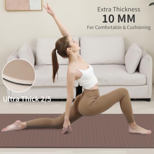 PAIDU POE Yoga Mat （10mm）Extra Thick Fitness Mat 72"x24" with Carry Strap - color: Dark Brown & Beige