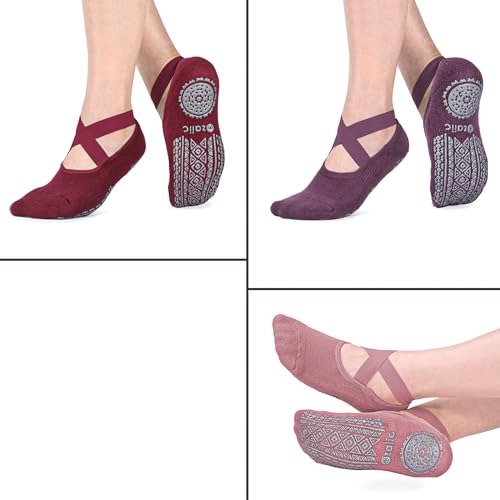 Ozaiic Pilates Socks for Women Non Slip Grip Yoga Barefoot Indoor Workout | Breathable cotton grippy sock, slipper sticky socks, one size fits women for barre, ballet, dance, hospital, home - color: 3 Pairs-purple/Rose Red/Bean Red