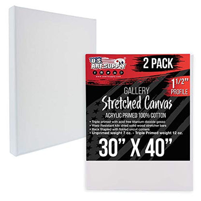 U.S. Art Supply X-Large Stretched Canvas for Painting 30x40 inch Gallery Depth 1-1/2" Thick, 2-Pack - 12oz Acrylic Gesso Triple Primed, Professional Artist Quality, 100% Cotton - Oil, Pouring Paint - size: 30" x 40"
