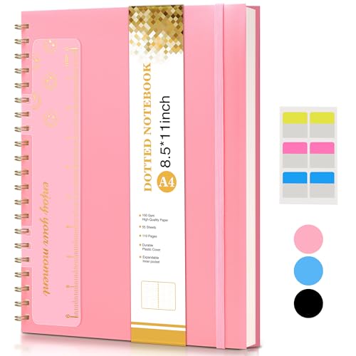 UEBZFOCS Dotted Notebook, Spiral Notebook Journal 8.5” x 11”, A4 Large Dot Grid Notebooks for Women Men, 100 GSM Dotted Paper, Plastic Hardcover Spiral Bullet Journals for Work School Sketching, Pink - color: Pink, size: Dotted