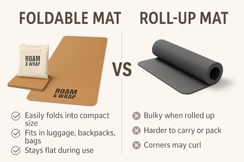 Roam & Wrap Travel Yoga Mat Packable & Foldable – 5mm Cork Yoga Mat, Not Rolled, Lightweight Portable Yoga Mat for Travel, Carry-On, Pilates & Gym