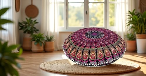 CRAFT KALA 32" Large Round Bohemian Floor Pillow Cover Boho Pouf Cover Mandala Meditation Room Pillows Cover Adults Seating Poufs Cushion Cover for Kids Reading Playroom Pink Yellow Mirchi - color: Pink Yellow Mirchi