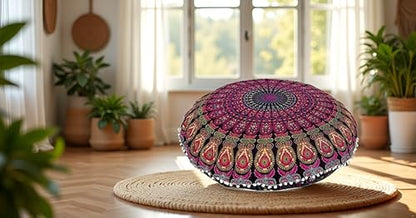 CRAFT KALA 32" Large Round Bohemian Floor Pillow Cover Boho Pouf Cover Mandala Meditation Room Pillows Cover Adults Seating Poufs Cushion Cover for Kids Reading Playroom Pink Yellow Mirchi - color: Pink Yellow Mirchi