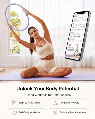 PAETA Pilates Ring Set – 14” Magic Circle (38 lbs Resistance), 9.8” Pilates Ball, 5 Resistance Bands, and Exercise Guide Included for Home Workouts - color: purple