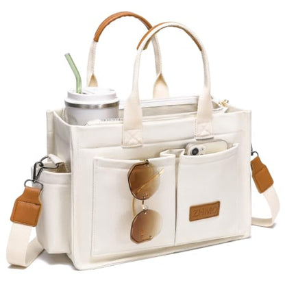 ZHMO Canvas Tote Bag for Women,Women's Bags Crossbody Bags Work Laptop Tote Bag Large Handbags Purse for Travel Nurse Teacher - color: New Upgrade White With Compartments and Side Cup Holders
