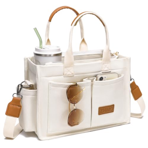ZHMO Canvas Tote Bag for Women,Women's Bags Crossbody Bags Work Laptop Tote Bag Large Handbags Purse for Travel Nurse Teacher - color: New Upgrade White With Compartments and Side Cup Holders