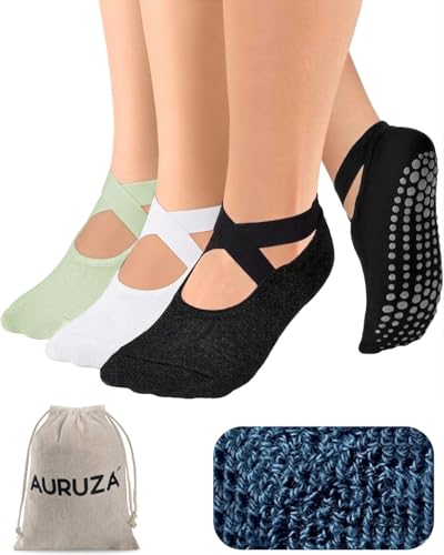 AURUZA Pilates Grip Socks for Women Non Slip Skid Yoga Socks with Grips Straps for Ballet Dance Workout Gripper Sock - color: 3pairs- Black+white+green, size: Medium