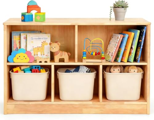 WINGYZ Rubber Wood Montessori Shelf, 5-Compartment Wooden Storage Cabinet - size: 35.5"D x 11.8"W x 23.6"H