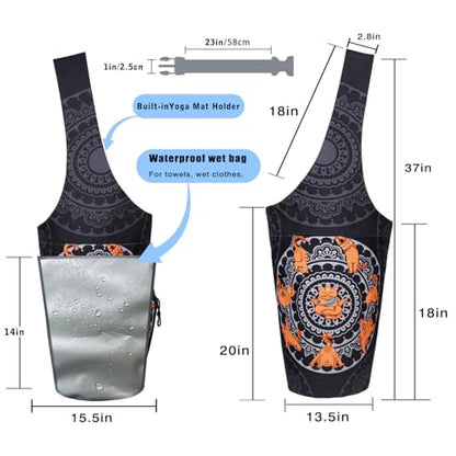 Yoga Mat Bag - Large Opening Long Tote Yoga Mat Carrier Holder Bag with Waterproof Wet Zipper Pocket and Drawstring Water Bottle Pocket - Yoga Bag Fit Most Size Mats - color: Cat Yoga Black