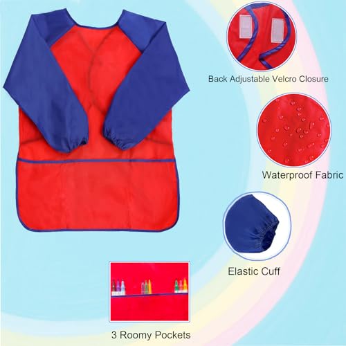 2 Pack Kids Art Smock Waterproof with Long Sleeve and 3 Roomy Pockets Artist Children Aprons for Toddlers Age 3-8 Painting Crafts（Yellow+Red） - color: 2 Pack Yellow+red