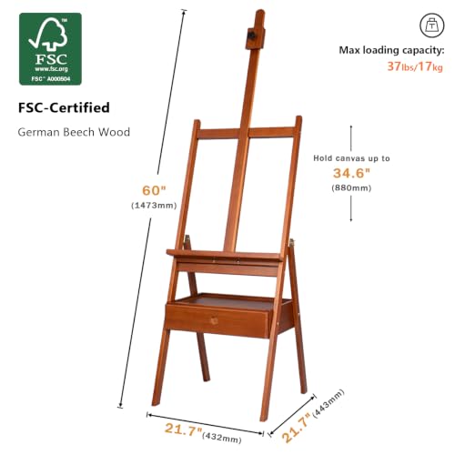 DJAR Medium Wooden H-Frame Art Easel with Storage Drawer, Walnut | Hold Canvas up to 34.6", Artist Painting Stand for Adults, Sturdy and Durable, Perfect for Home Studios & Classroom