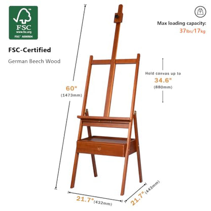 DJAR Medium Wooden H-Frame Art Easel with Storage Drawer, Walnut | Hold Canvas up to 34.6", Artist Painting Stand for Adults, Sturdy and Durable, Perfect for Home Studios & Classroom