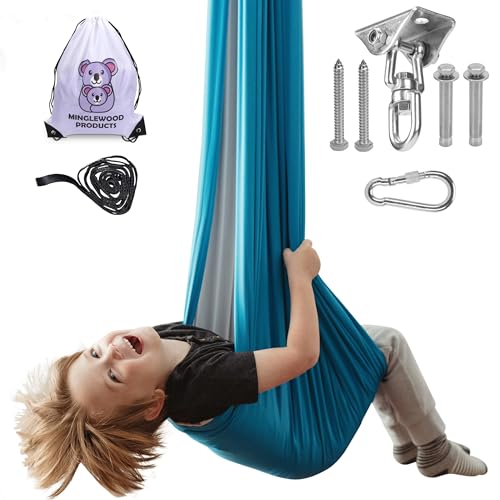 MINGLEWOOD Sensory Swing for Kids – Indoor Swing Set with 360° Swivel Hanger – Cozy & Calming Hammock for Autism, Anxiety, ADHD & Sensory Disorders - color: Blue/Gray