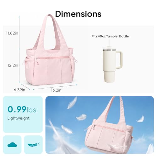TOPEAST Foldable Tote Bag for Women with Yoga Mat Holder,Travel Tote Bag with Water Bottle Pocket,Lightweight Workout Gym Bag - color: Pink