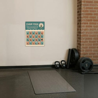 Chair Yoga Exercise Poster - Illustrated Stretching Poses Chart, Workouts, Instructions, Mobility Practice, Inspirational Routine, Wall Art for Seniors, Home Gym Picture, Meditation Decor, Flexibility - size: 11"L x 14"W