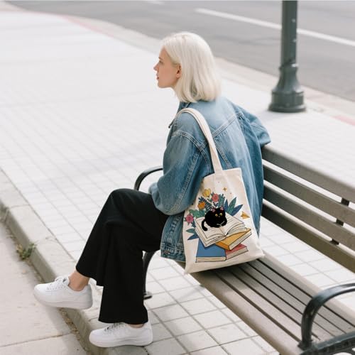 Aesthetic Canvas Tote Bag for Women - with Magnetic Snap Closure & Zipper Inner Pocket Reusable Bag for Shopping - color: Book Cat