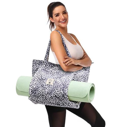 WLLWOO Yoga Mat Carrier Bag for Women Canvas Carryall Tote Gym Pilates | Large Holder Zipper Shoulder for Beach Travel Workout Fitness Office - color: Black Leopard