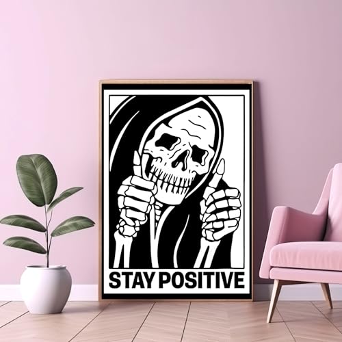 Modern Merch 'Stay Positive' Halloween Diamond Art Kits for Adults Scary Skeleton Diamond Painting Kits for Adults, Motivational Quote Cross Stitch Gem Art, Round Drill 12x16 DIY Black and White Art - color: Stay Positive