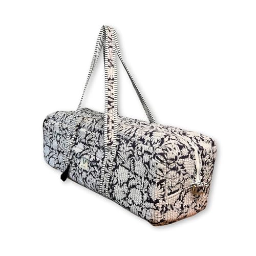 Large Capacity Handblock Printed Yoga Mat bag for Women, Gym Bag, Fits Yoga Blocks, Adjustable strap, Pilates, Gym, Fitness Block & Gear, Light and Durable - color: Charcoal Bloom