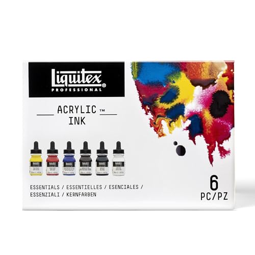 Liquitex Professional Acrylic Ink, 1-oz (30ml), Essential Color Set, Set of 6 | Ultra Fluid Acrylic, Highly Pigmented, Dye-Free, Non-Fading, Satin Finish, Permanent When Dry, Lightfast - color: Essential - Set of 6