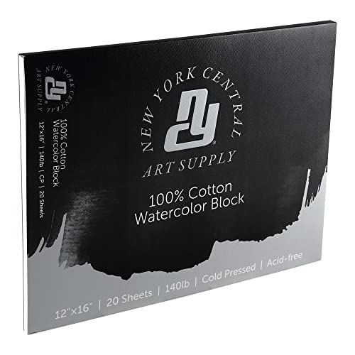 New York Central Watercolor Block, 140lb/300gsm Cold Press 12x16, 20 Sheets, Archival Watercolor Paper for Artists, Students, Gelatin Sized, Durable Water Color Paper, Suitable for Wet and Dry Media - size: 12x16"