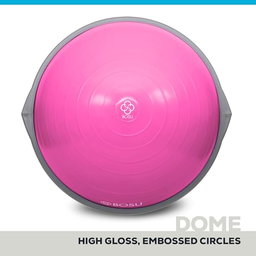 Bosu Balance Ball Exercise Trainer, Home Gym Equipment w/Guided Workouts & Pump, 26" Inflatable Fitness Platform for Strength Training, Standing, Balancing, and Core Workout - color: Pink/Gray