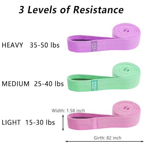 Resistance Bands for Working Out, Fabric Exercise Bands Set of 3, Long Elastic Bands for Exercise with Workout Guide and Carry Bag, Fitness Bands for Strength Training, Yoga, Pilates, Home Workout - color: Pink + Green + Purple [Set of 3]