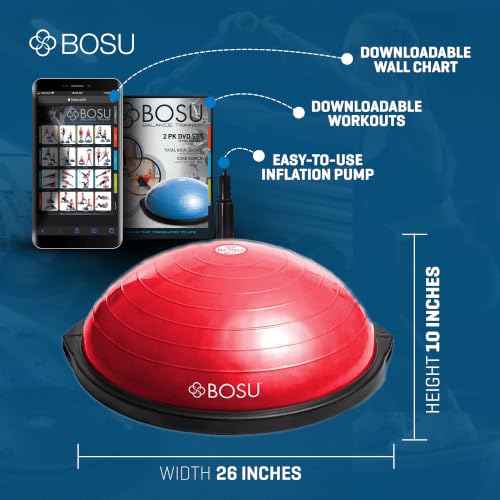 Bosu Balance Ball Exercise Trainer, Home Gym Equipment w/Guided Workouts & Pump, 26" Inflatable Fitness Platform for Strength Training, Standing, Balancing, and Core Workout - color: Red/Black