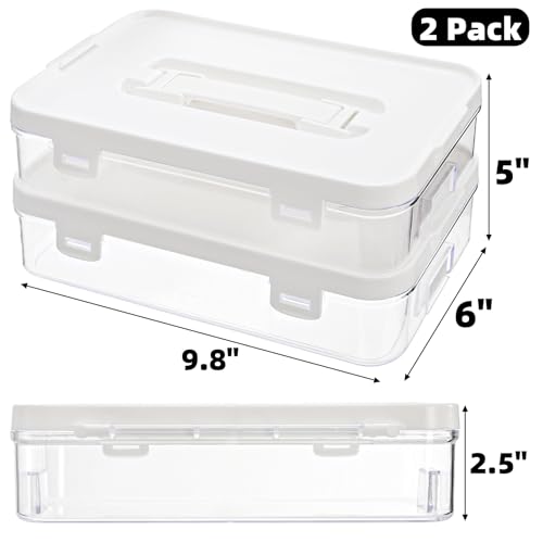 2 Pack Plastic Craft Storage Box with Lid, Clear Stackable Pencil Case, Portable Art Supply Organizer with Handle, Small Carrying Crayon Container for Sewing Ornament Nail Polish Tape