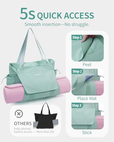 sportsnew Yoga Mat Bag Waterproof Tote Gym Bag Mat Carrier W/Wet Pocket | hook-and-loop mat holder 5s quick access, 40oz handled bottle pocket, wet bag, lightweight waterproof, drawstring pockets,19L - color: Mint Green
