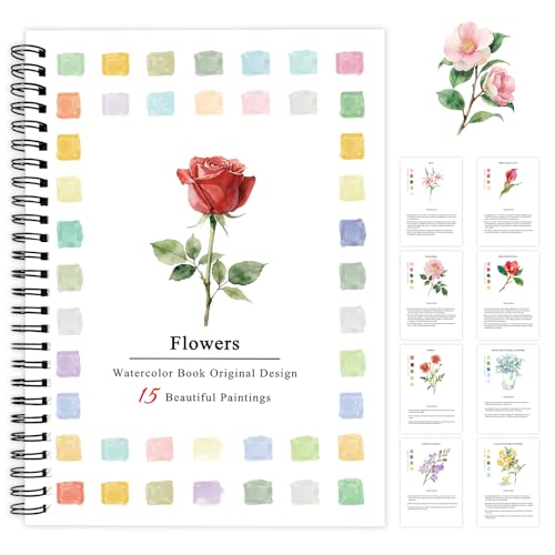 SLWBZ Watercolor Workbook Flowers, 15 Different Patterns of Original DIY Designs, Beginner-Friendly Watercolor Workbooks, (Flowers, Without Palette) - color: Rose, size: Without paint