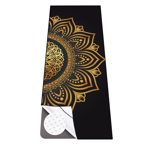 Hot Yoga Towel with Grip Dots, Non Slip, 70"x26, Gold Mandala | Sweat Absorbent Yoga Mat Towel, Portable with Travel Bag, Catching Eyes Design, For Hot Yoga, Bikram, Pilates and Fitness - color: Gold Mandala, size: 70" x 26"