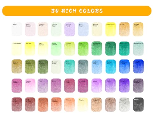 Artecho 50-Color Metallic Watercolor Paint Set with Easy-Hold Ring | 50 Metallic Colors with a Shimmer Finish; Includes Black and White Color Charts; Suitable for Dark and Light Paper - style: 50 Colors Metallic