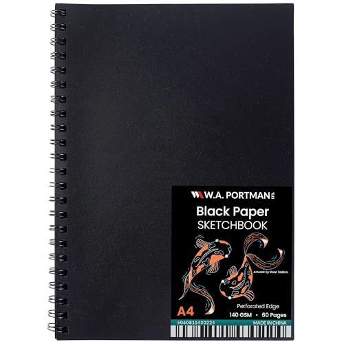 WA Portman Black Paper Sketchbook A4, 140 GSM 60 Pages Black Paper Notebook | Black Paper Spiral Notebook A4(8.3" X 11.7") Acid Free Heavy Weight 60 Pages (30 Sheets) Drawing Pad for Kids & Adults - size: A4 Single