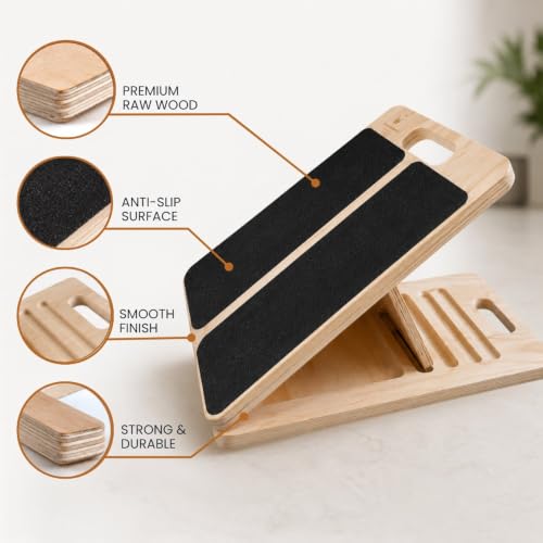 SummitCrest Wooden Slant Board for Calf Stretching, Calf Stretch Board | 5 angle adjustable incline board, 550 lbs, calf stretcher and squat wedge for squats, mobility, resistance bands included