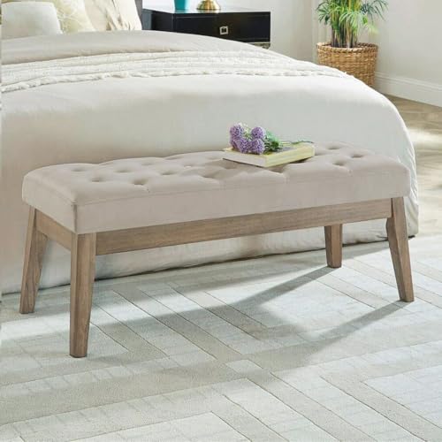 24KF Velvet Upholstered Buttons Tufted Entryway Bench with Solid Wood Leg,Bed Bench Ottoman with Padded Seat,5034-Taupe - color: Light Taupe, size: 15.5"D x 43"W x 17"H