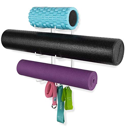 Wallniture Guru Yoga Mat Holder Wall Mount with 3 Hooks for Hanging Yoga Strap, Resistance Bands, 5-Sectional Metal - color: White, size: 19'' H | 3 Sectional