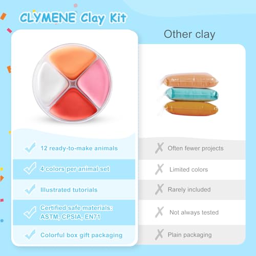 CLYMENE Air Dry Clay Kit for Kids, 12 Animals Modeling Clay with Accessory | Pre-portioned Clay, Includes Tools and Tutorials, Arts and Crafts Creative Toys, Boys and Girls, Ages 3+