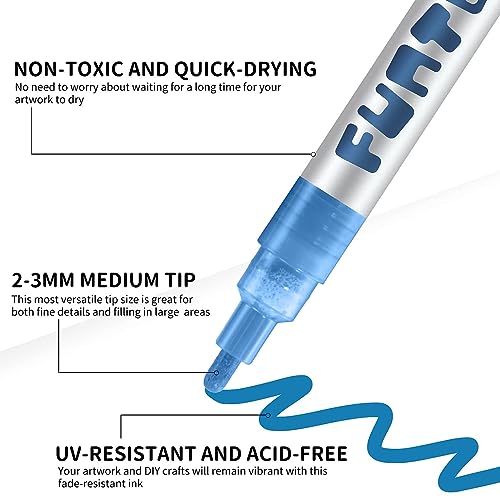 Funto Acrylic Paint Pens for Rock Painting, Fabric, Wood, Canvas, Metal, Ceramic, Glass, 12 Colors Paint Marker Set, Non-Toxic, Quick Drying - color: 12 Colors