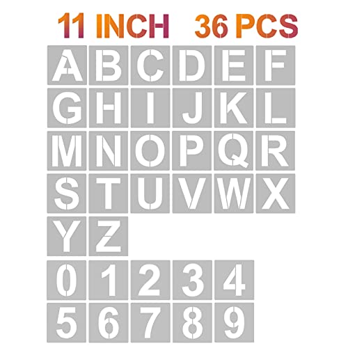 YEAJON 11 Inch Letter Stencils and Numbers, 36 Pcs Alphabet Art Craft Stencils, Reusable Plastic Templates for Wood, Wall, Fabric, Rock, Signage, DIY Art Projects (11 Inch) - size: 11 Inch