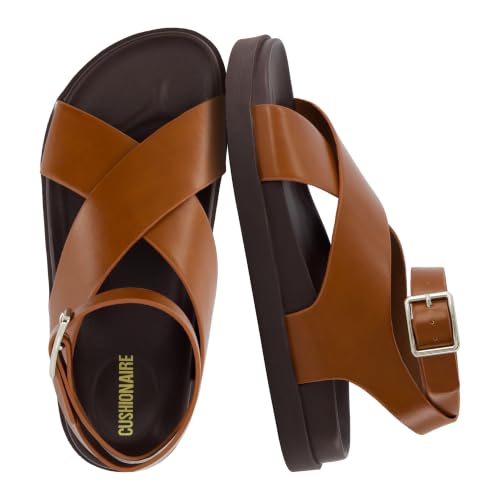 CUSHIONAIRE Emoji Platform Sandal for Women | Vegan Leather Crisscross Straps & Adjustable Ankle Buckle | Comfortable Walking Sandals | Slip-On Sandals for Women | Wide Width Available - color: Smooth Whiskey, size: 9 Wide