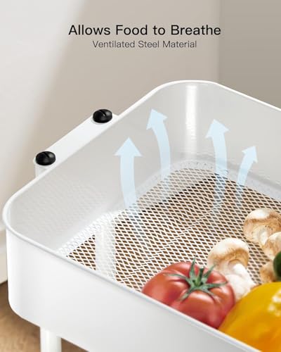 Pipishell 3 Tier Metal Rolling Utility Cart with 2 Lockable Wheels, White | 360° Rotating Wheel, Heavy-Duty Steel, Sturdy Dual Columns, Ventilated Mesh, Hold 22 lbs per Shelf, for Kitchen & Living Room - color: White, size: 3 Tier