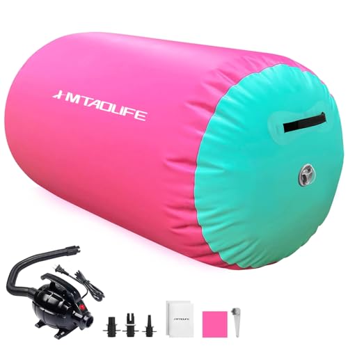 Gymnastics Air Roller Air Barrel, Inflatable Tumble Roller Mat, Air Roller Gymnastics Barrel Kids Back Somersault Backbend Trainer for Yoga Training Cheerleading Home Use - color: Pink/Green, size: 32inch*24inch-have pump
