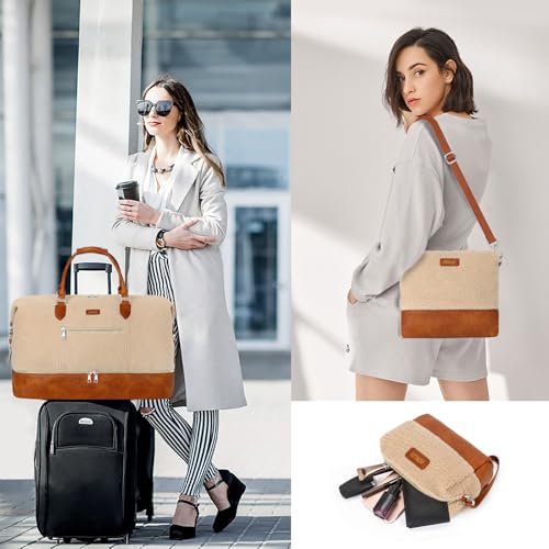 ITIEZY Weekender Bag for Women 21.5" Travel Duffel Large Carry On Bag 3PCS | Nylon Duffel Bag with Waterproof Shoe Compartment, Crossbody Bag and Toiletry Bag, Travel Weekend Hospital Overnight Gym Bag - color: 8a-Off White