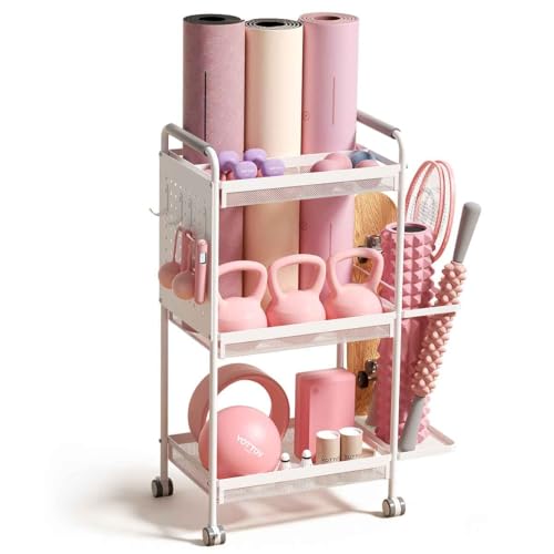 YOTTOY 3-Tier Gym Storage Rack for Home Gym–Multi-Functional Weight Rack, Dumbbell Rack, Yoga Mat Holder with Side Basket & 6 Hooks, Gym Equipment Organizer - color: White