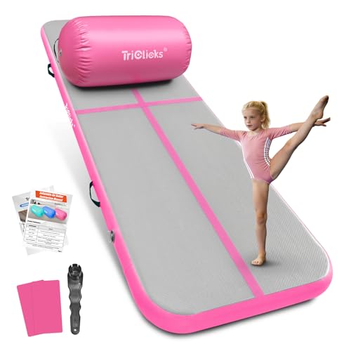 Triclicks Gymnastics Barrel Inflatable Air Roller Barrel Tumble Track Equipment Octagon Mat for Backhandspring Trainer Yoga Cheerleading Home Use Gym Without Pump - color: Pink Set-No Pump, size: Mat (10ft*3.3ft*4in)+Roller (31.5*19.7in)