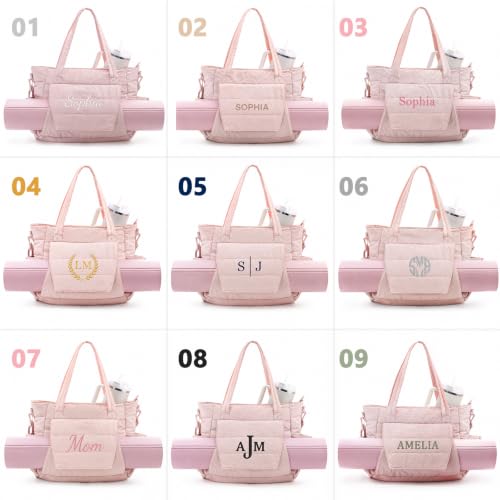 Yoga Tote Bag for Women with Yoga Mat Holder & Luggage Sleeve, Large Pilates Gym Bag with 16" Laptop Compartment, Lightweight Puffer Quilted Travel Tote with Water Bottle Pockets for Work - color: Pink, size: Personalized