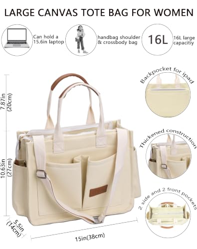 ZHMO Canvas Tote Bag for Women,Women's Bags Crossbody Bags Work Laptop Tote Bag Large Handbags Purse for Travel Nurse Teacher - color: New Upgrade Beige With Compartments and Side Cup Holders