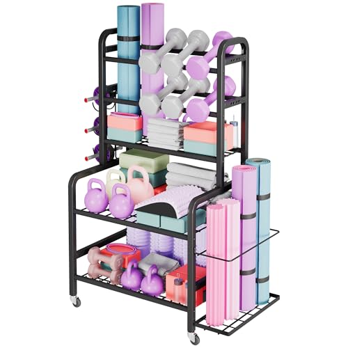 Homeiju Dumbbell Rack, Weight Rack for Home Gym, Yoga Mat Storage Holder with Lockable Wheels, Dumbbell Stand with Hooks, All in One Work out Equipment Storage for Yoga Mat Dumbbell and Balls - size: 5-Tier